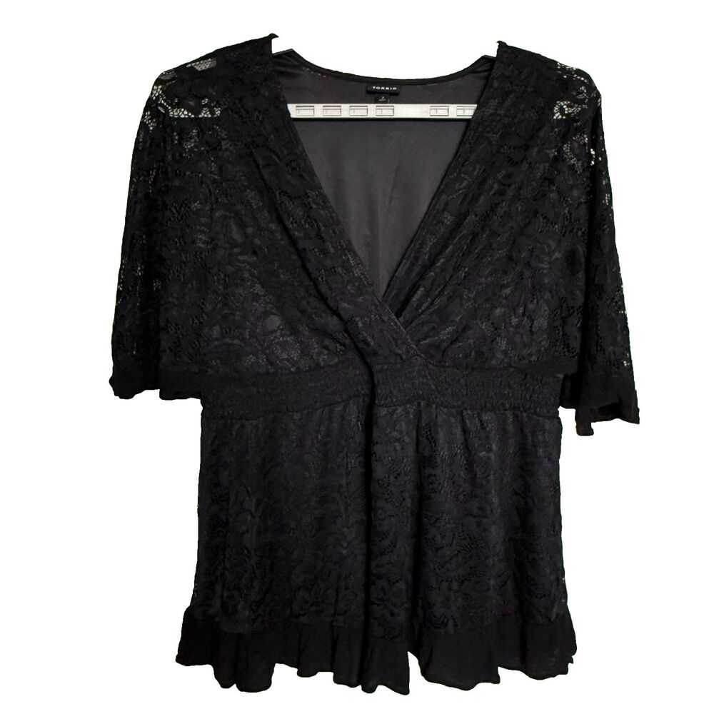 Torrid lace blouse womens 2X black surplice babydoll kimono sleeve whimsigoth